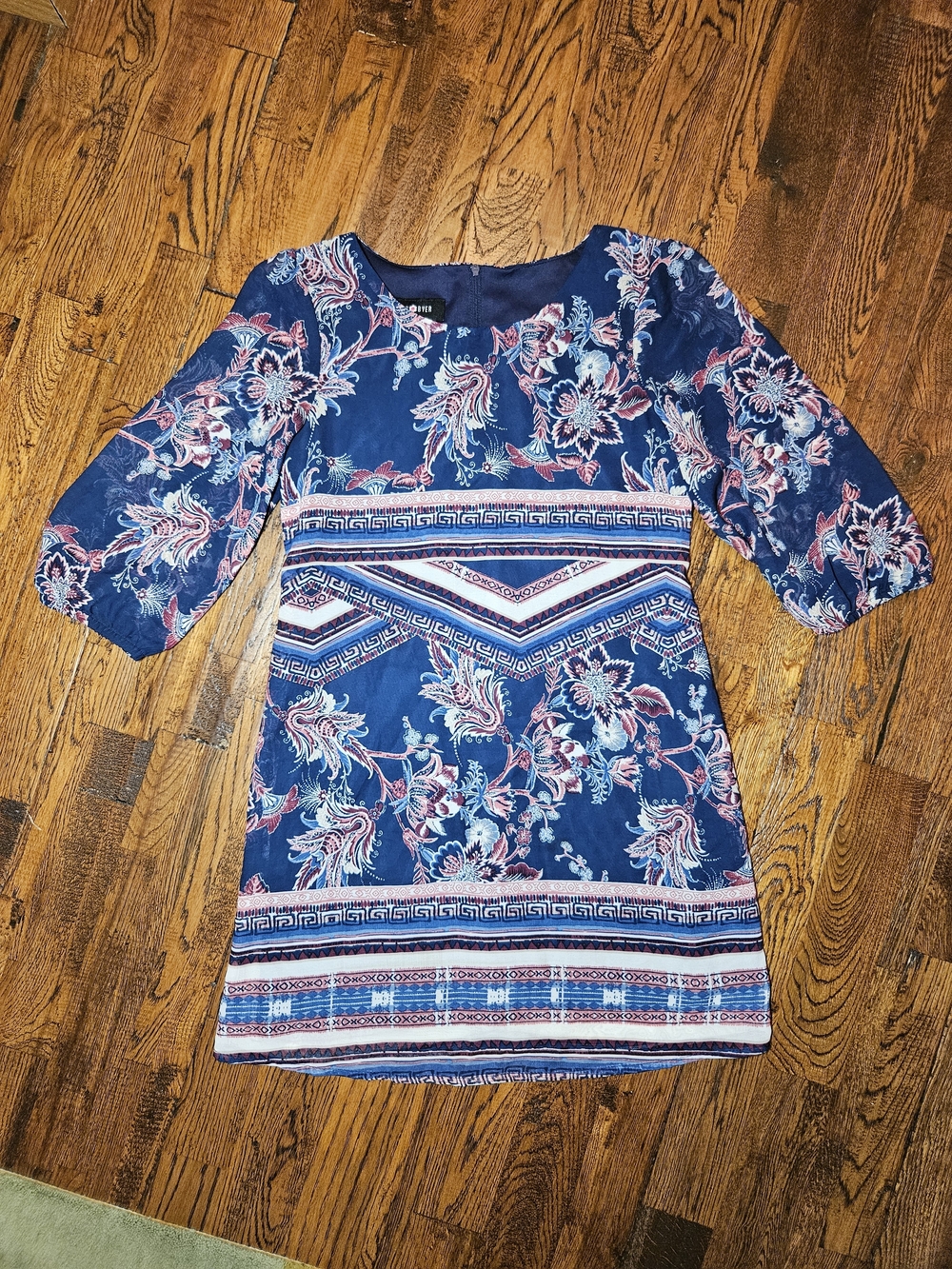 Amy Byer Girls Sz 10 Dress Navy Floral Border-Print with Pink Accents